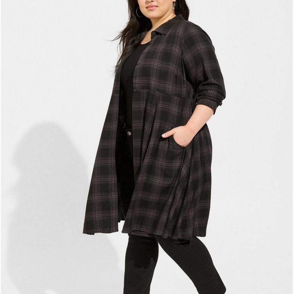 Torrid Charcoal black Plaid Button Front Shirt Dress Kimono Size 2
